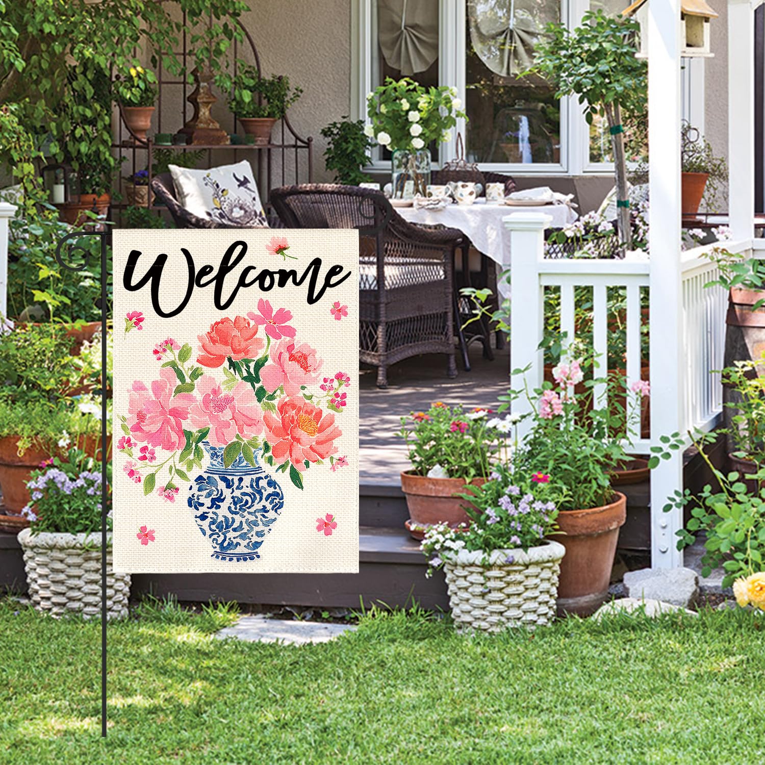 AVOIN colorlife Blue and White Chinoiserie pattern flag adds refined outdoor decor