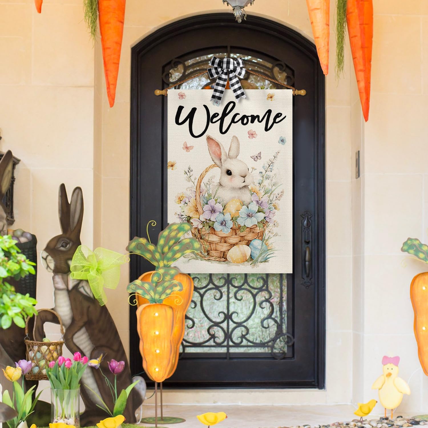 Back view of AVOIN colorlife bunny flag with floral motif outside.