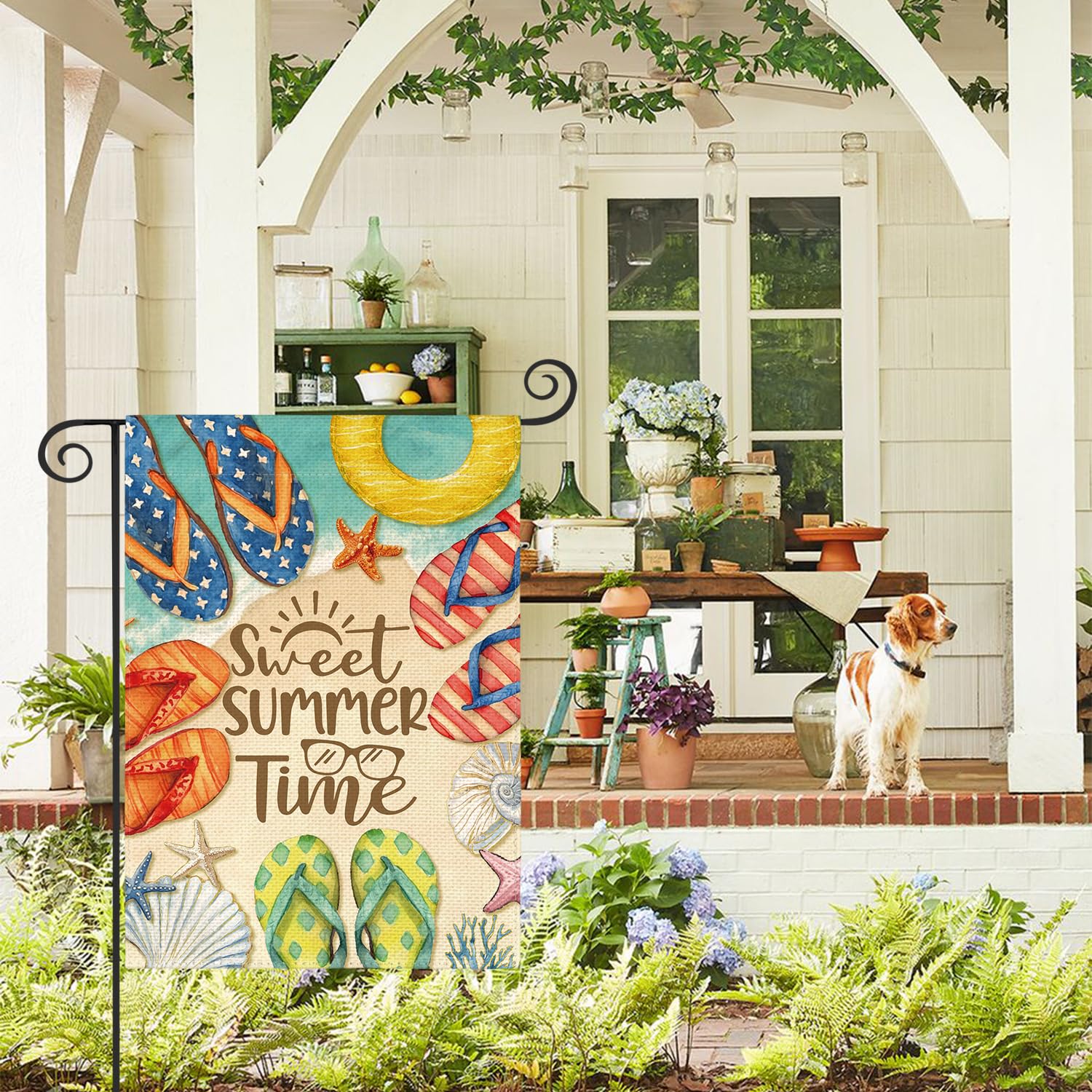 AVOIN colorlife coastal burlap yard flag enhances garden curb appeal.