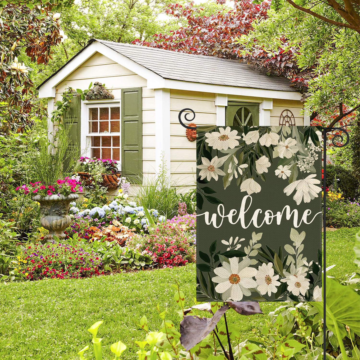 AVOIN colorlife decorative flag on a stand adds seasonal charm to a patio.