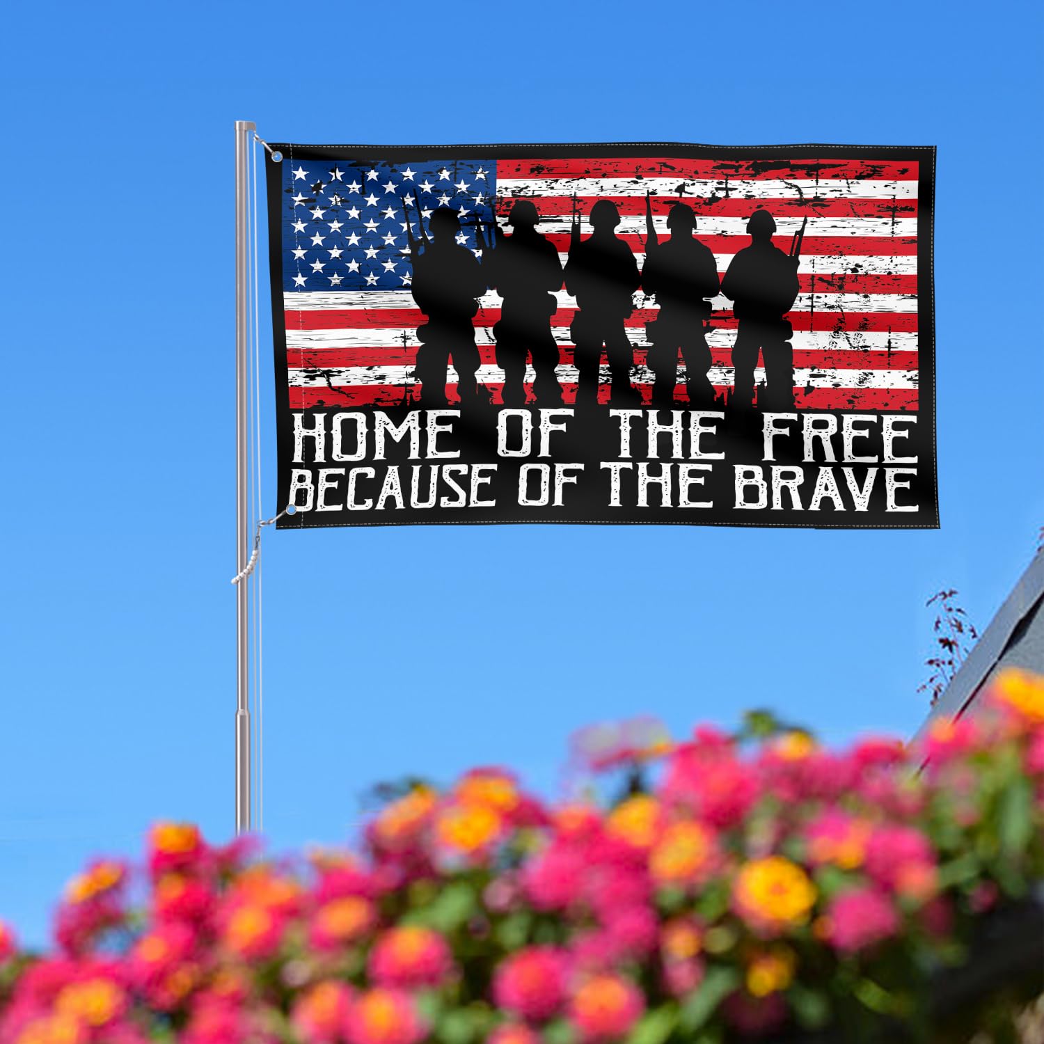 AVOIN colorlife flag hanging on a patio showcasing weather-resistant polyester material.