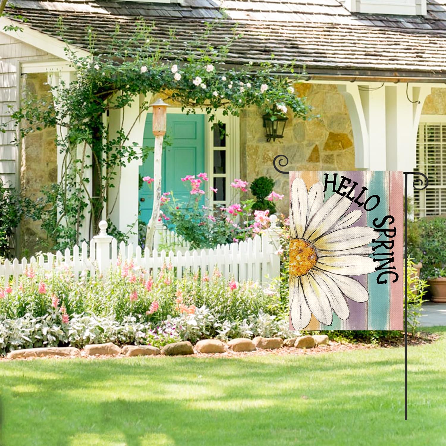 Closeup of floral daisy design by AVOIN colorlife highlights bright petals and colorfast print.