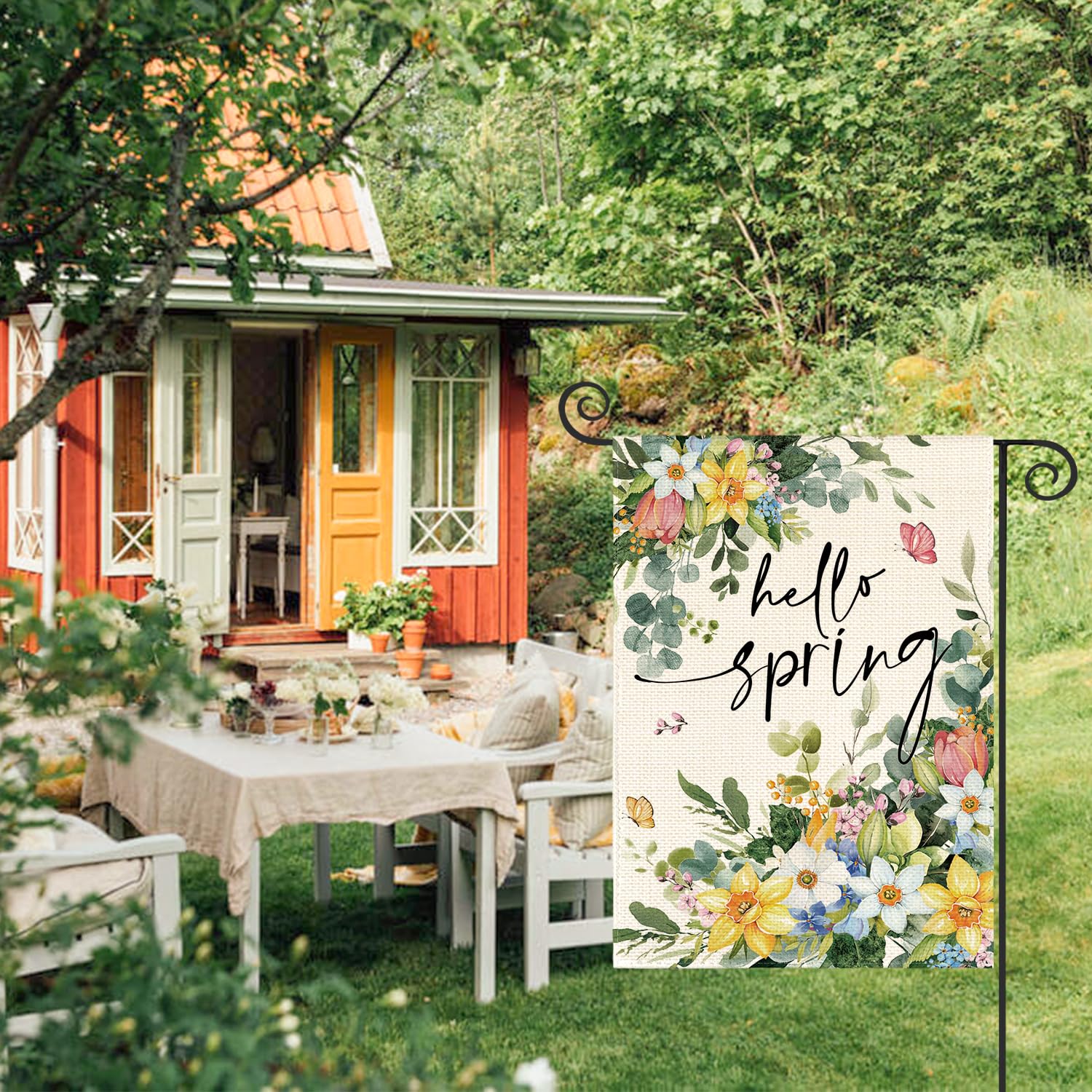 AVOIN colorlife Floral Hello Spring flag back view with double-sided visibility