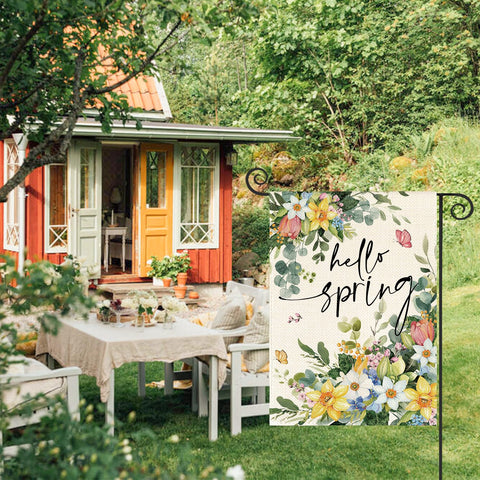 AVOIN colorlife Floral Hello Spring flag back view with double-sided visibility