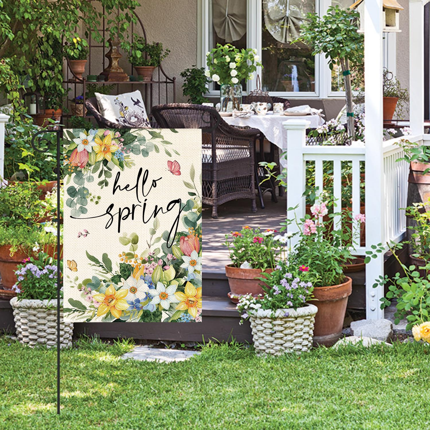 AVOIN colorlife Floral Hello Spring flag closeup shows vivid eucalyptus petals