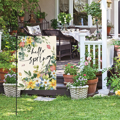 AVOIN colorlife Floral Hello Spring flag closeup shows vivid eucalyptus petals