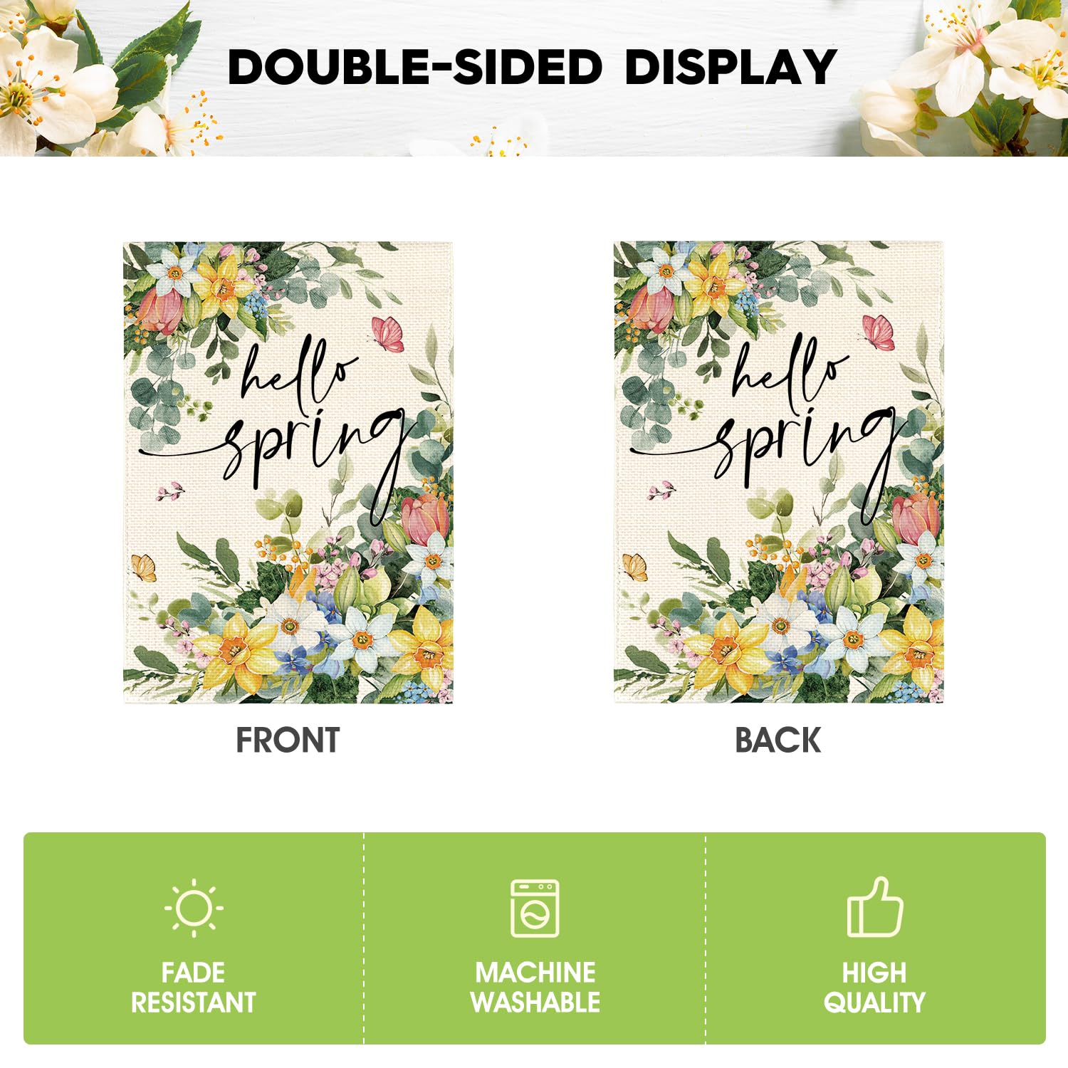 AVOIN colorlife Floral Hello Spring flag over a deck adds curb appeal