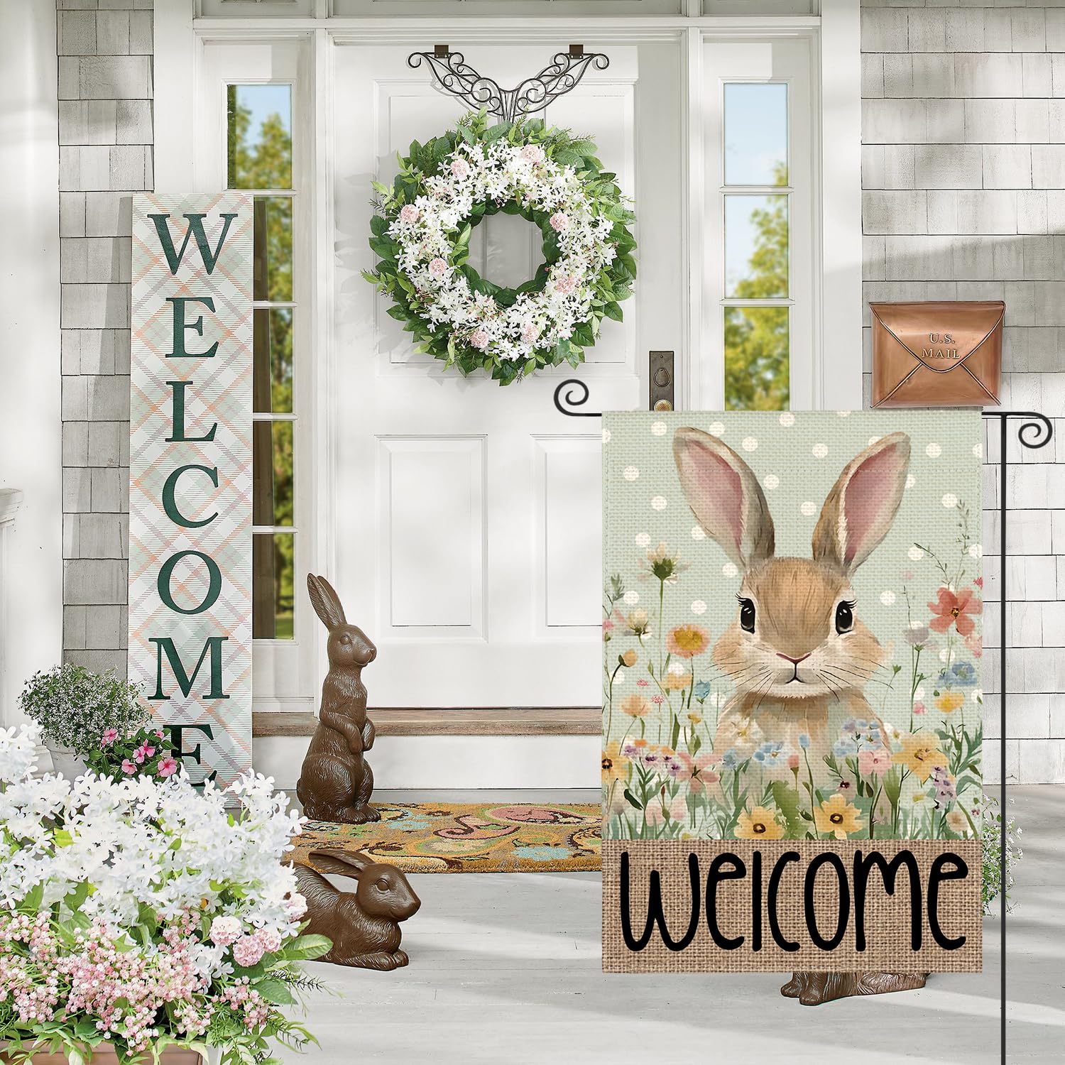 AVOIN colorlife blue welcome design on flag adds seasonal appeal.