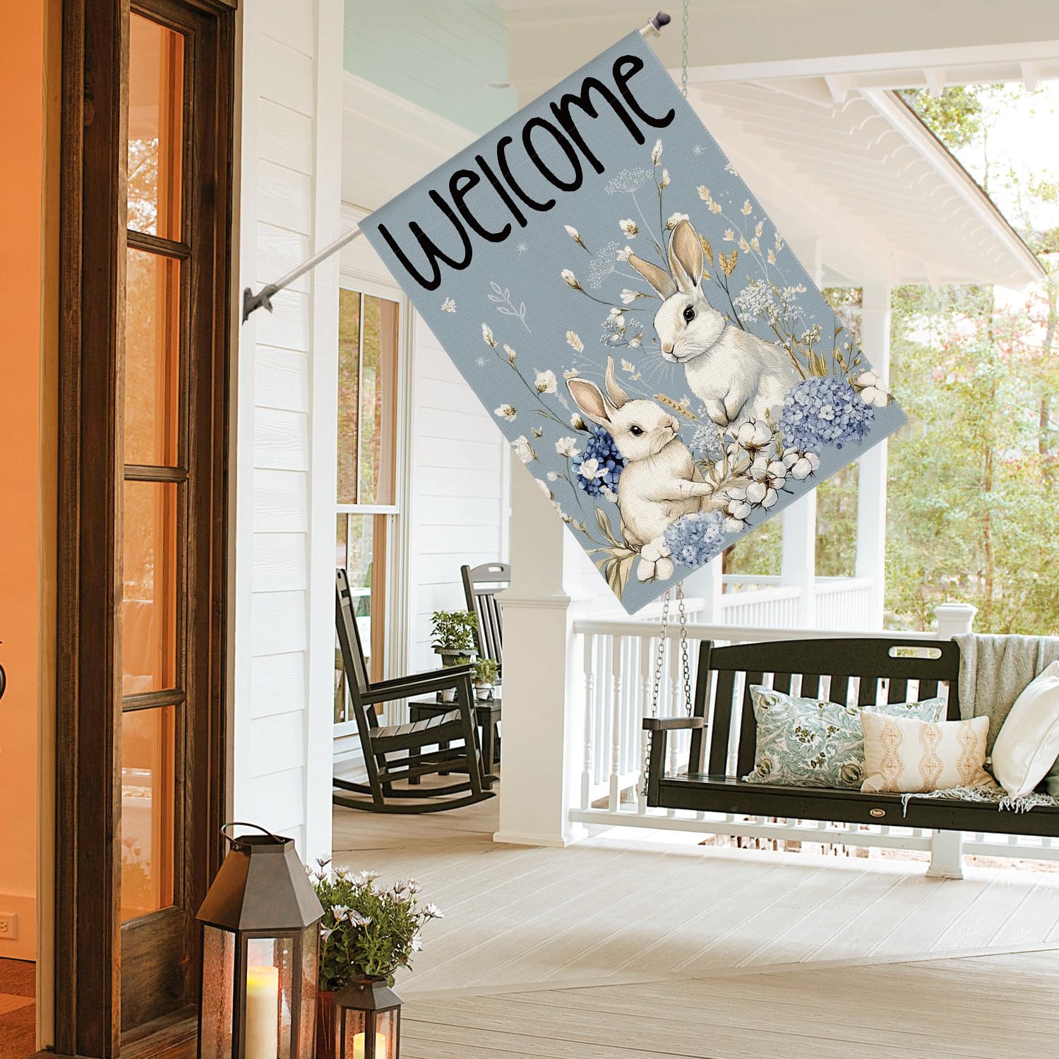 AVOIN colorlife floral welcome flag blue, greeting guests with charm.