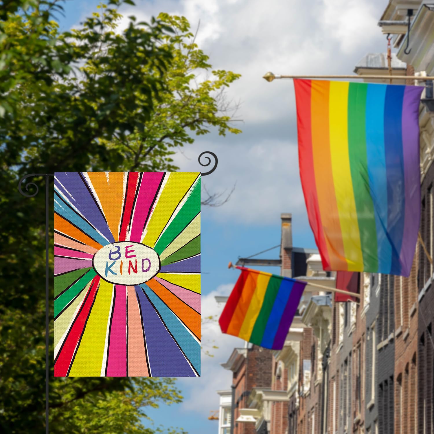 AVOIN colorlife garden flag adds vibrant color to patios and porches.