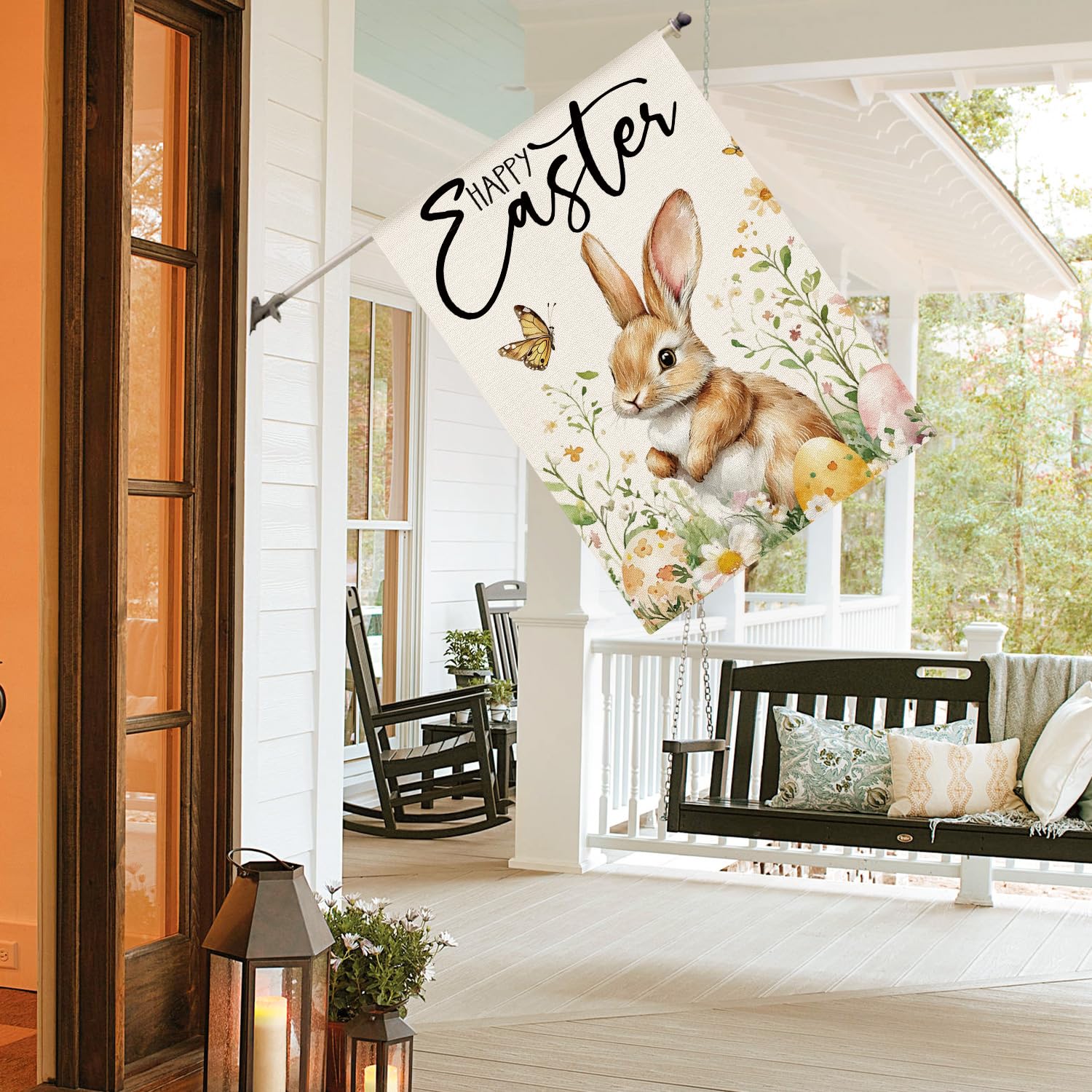AVOIN colorlife Happy Easter Bunny flag double-sided view from both sides