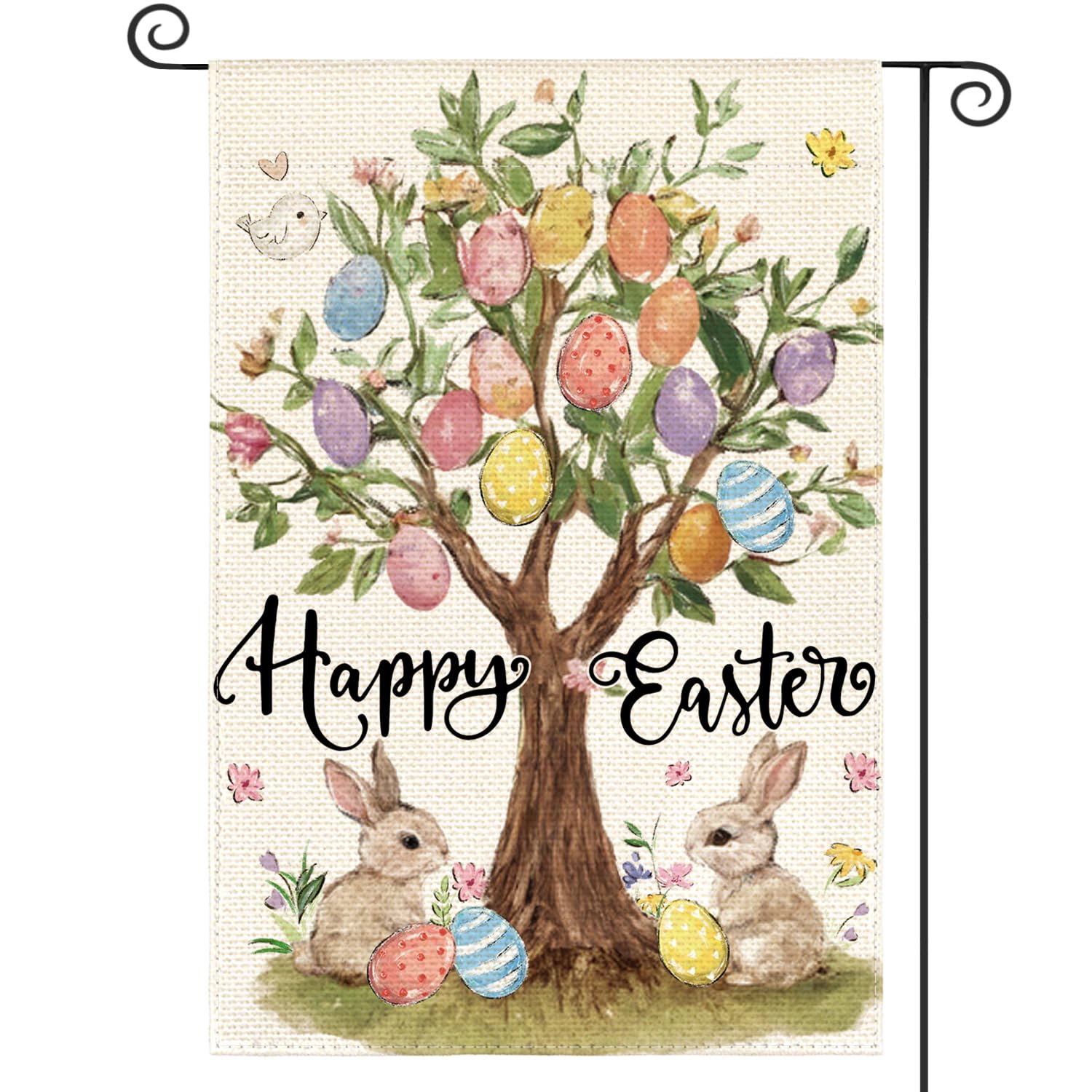 AVOIN colorlife Happy Easter flag with eggs and bunny, welcoming guests outdoors.