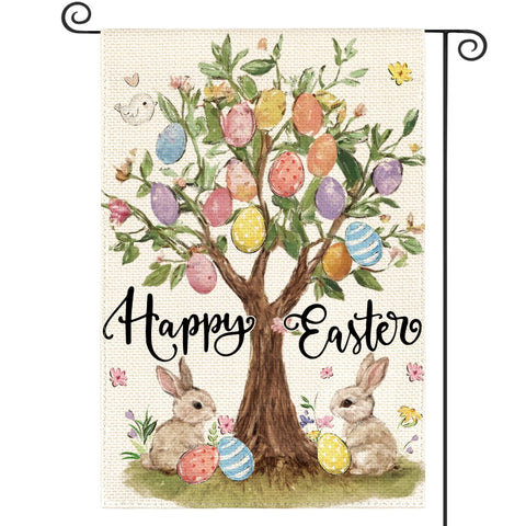 AVOIN colorlife Happy Easter flag with eggs and bunny, welcoming guests outdoors.