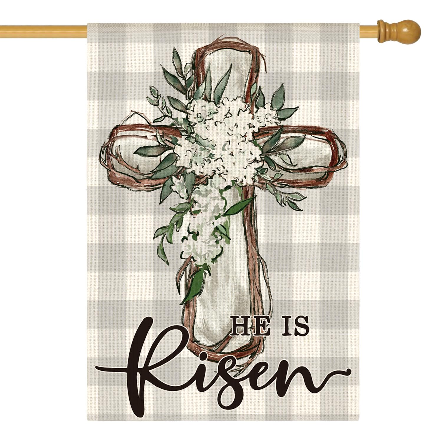 AVOIN colorlife He Is Risen Easter flag double-sided close-up with buffalo plaid cross