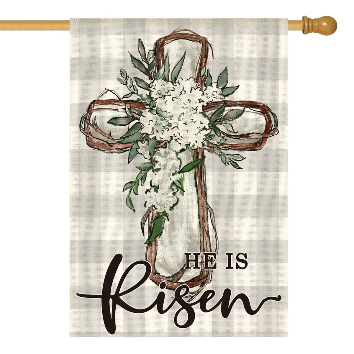 AVOIN colorlife He Is Risen Easter flag double-sided close-up with buffalo plaid cross