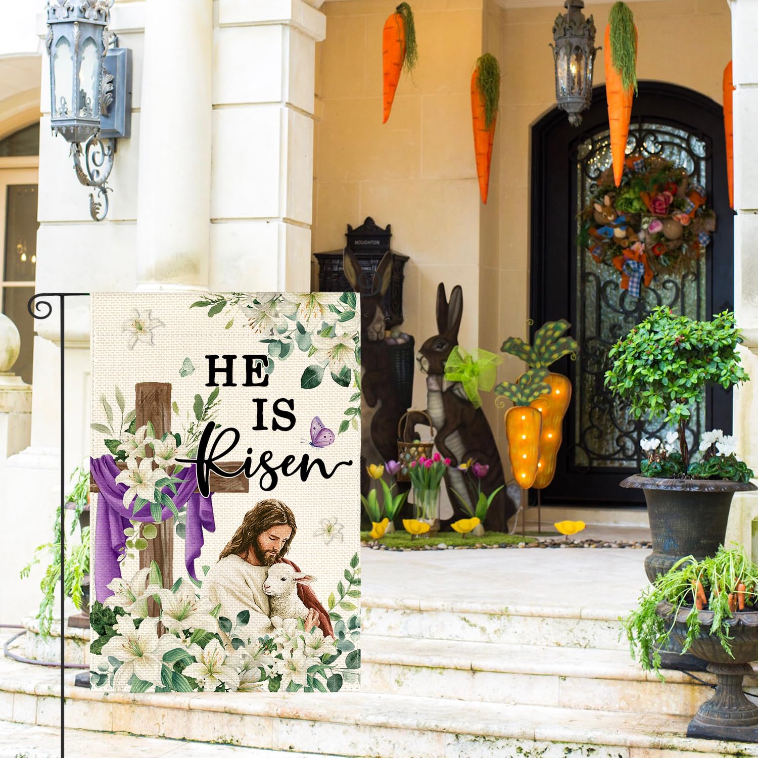 AVOIN colorlife Easter flag shows double-sided printing for clear viewing from both sides.