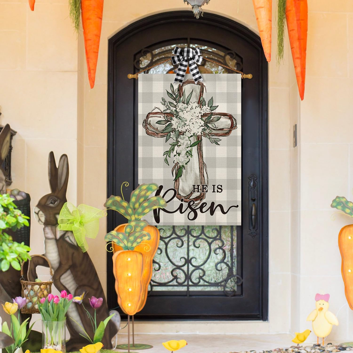 AVOIN colorlife He Is Risen Easter flag mounted on a standard flagpole for porch display