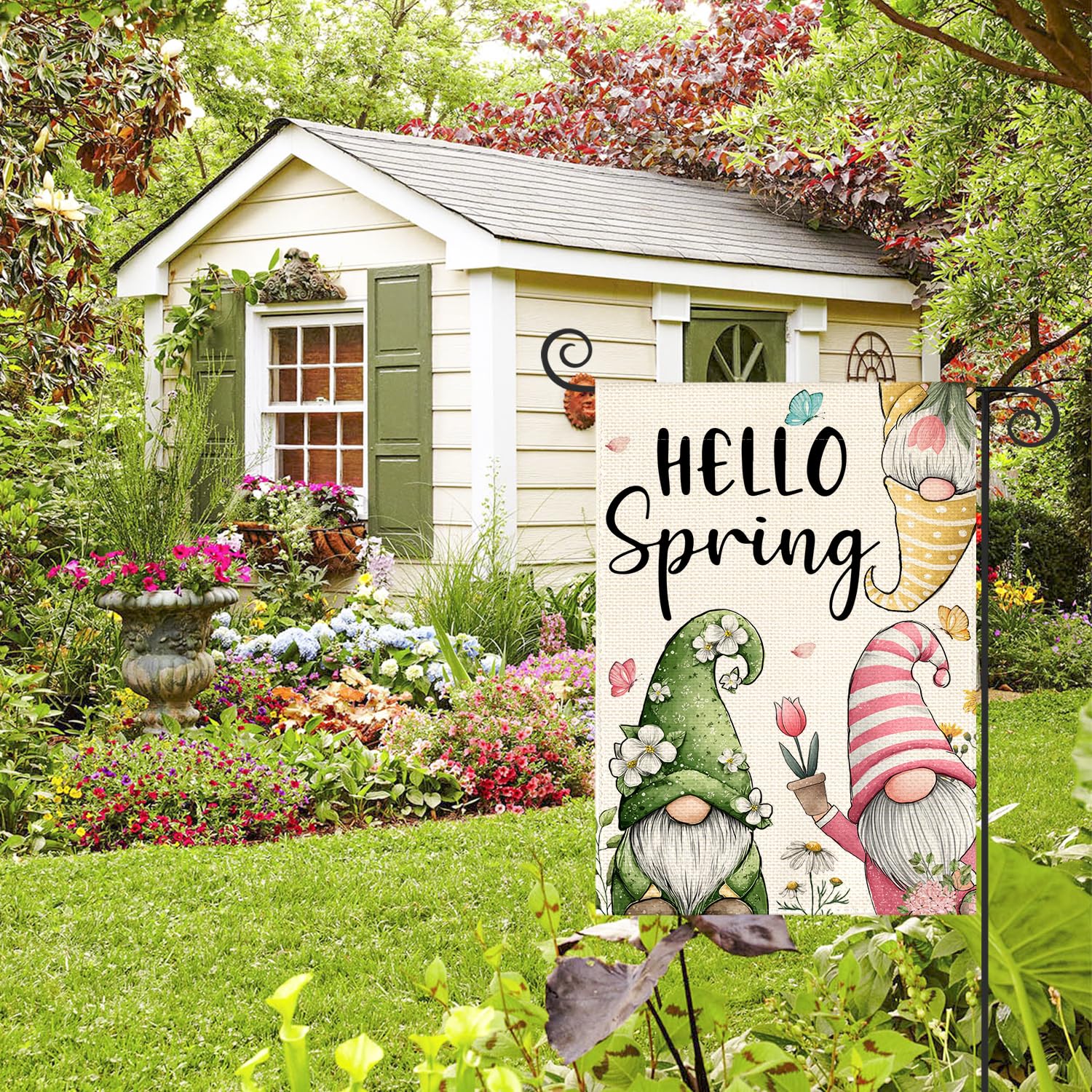 AVOIN colorlife Hello Spring Garden Flag double-sided print visible from all angles.