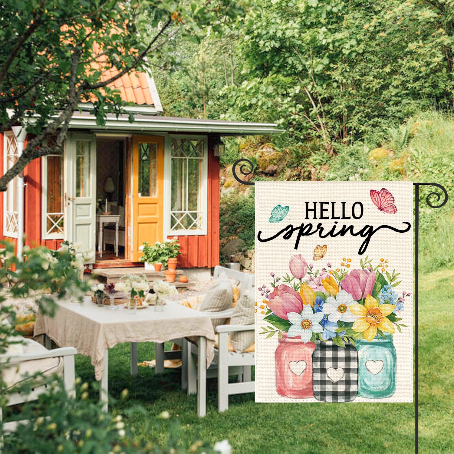 AVOIN colorlife Hello Spring flag back view with identical design for double-sided visibility.