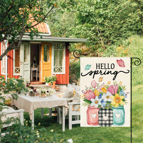 AVOIN colorlife Hello Spring flag back view with identical design for double-sided visibility.