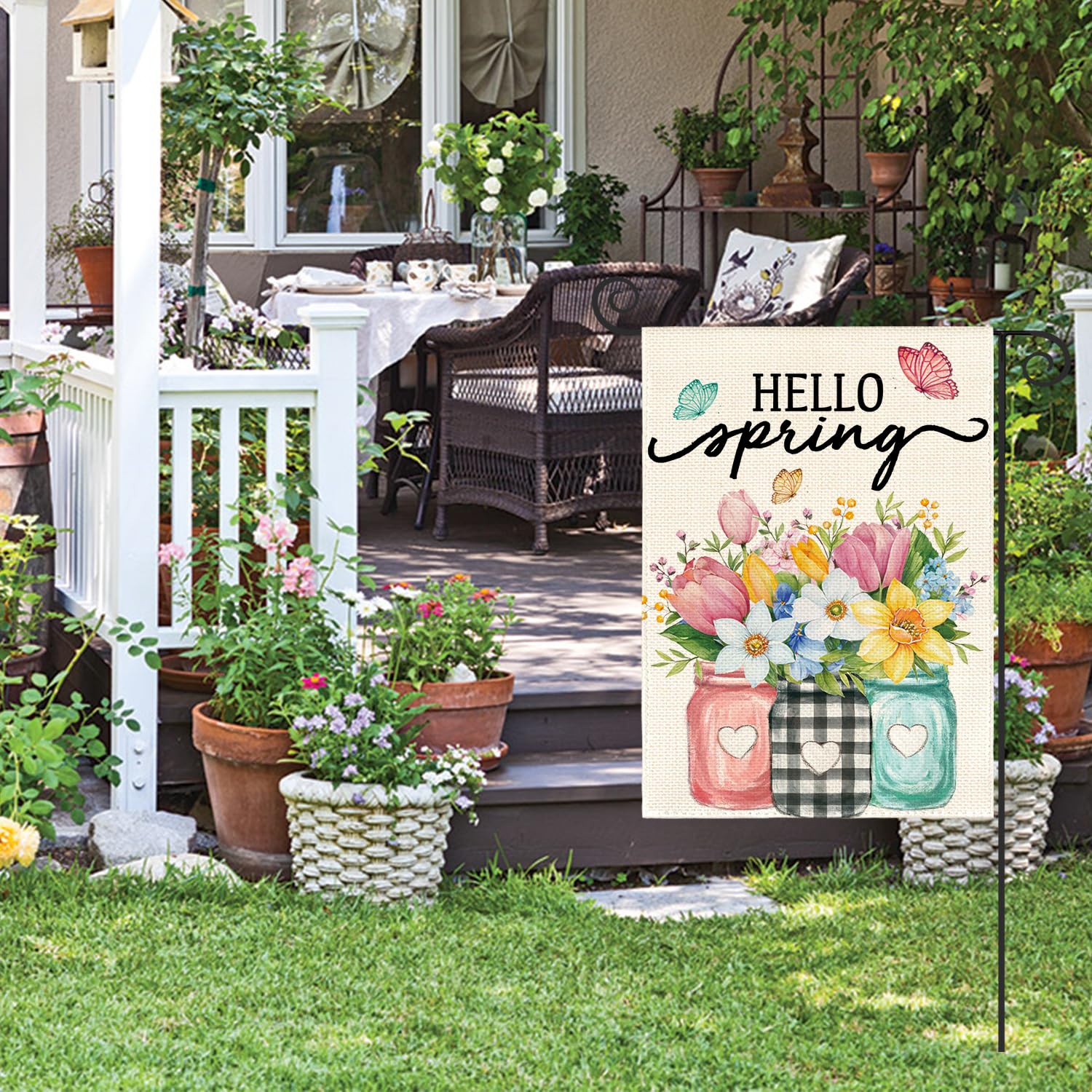 AVOIN colorlife Hello Spring flag close-up of vibrant floral pattern.