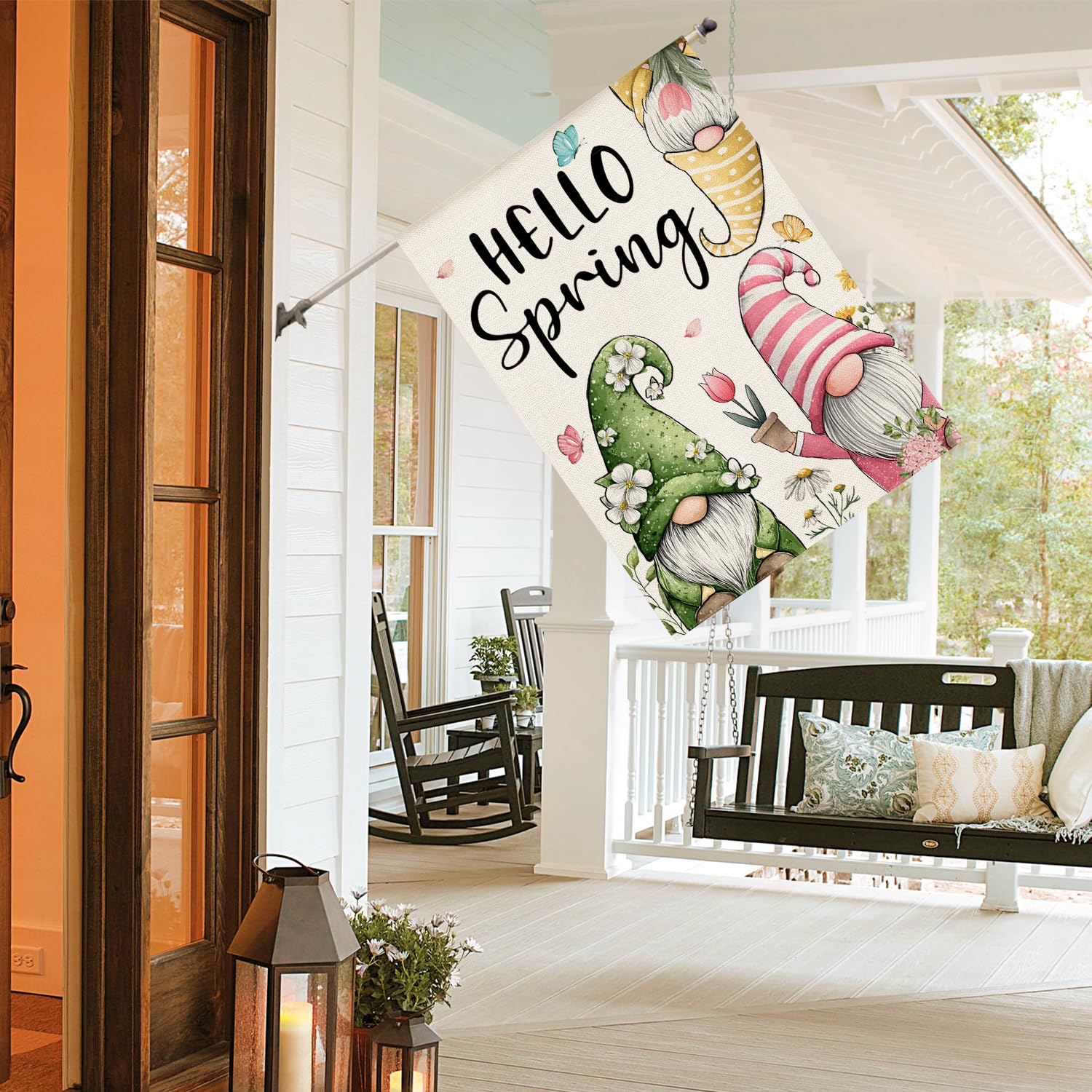 AVOIN colorlife Hello Spring flag double-sided text readable from both sides.