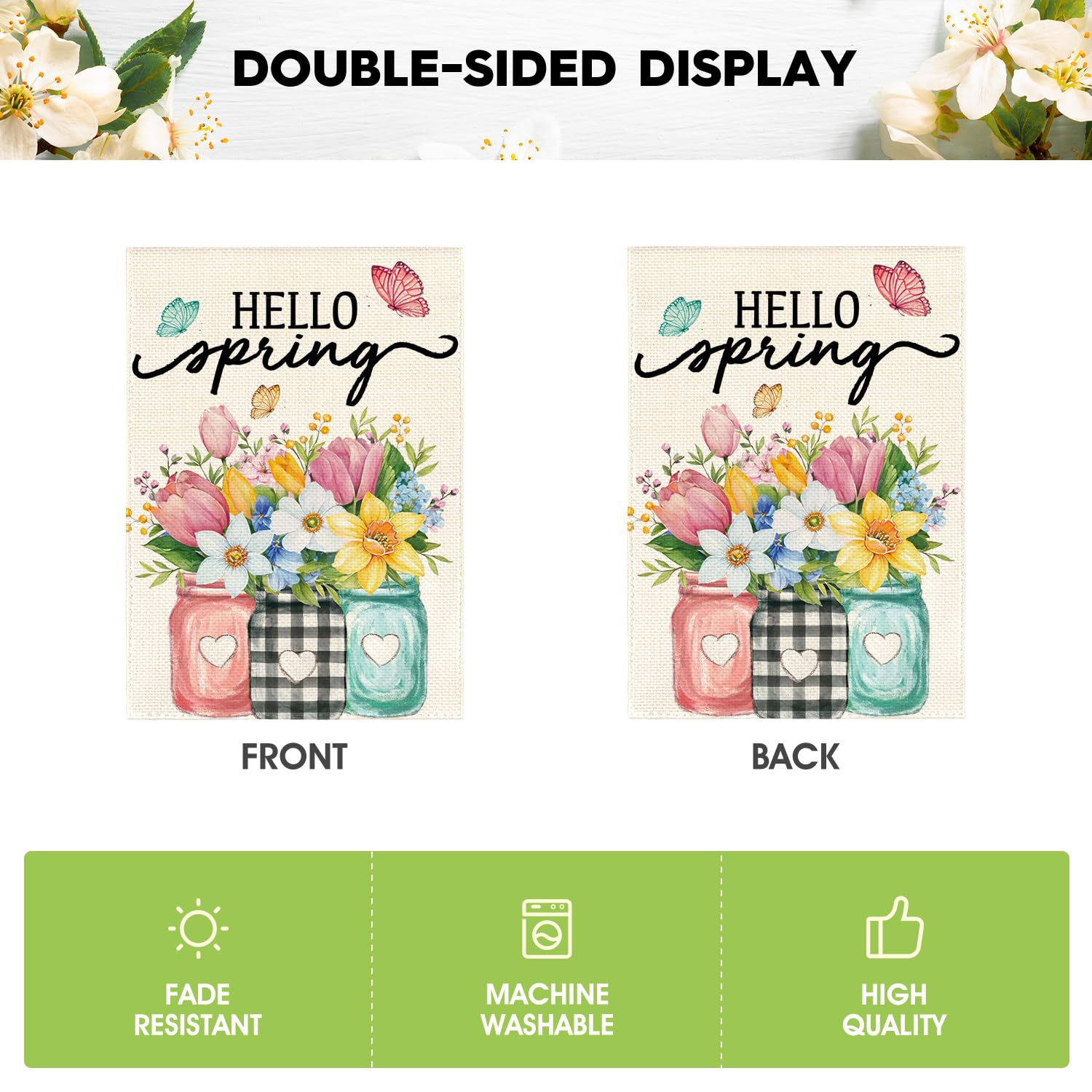 AVOIN colorlife Hello Spring flag durable polyester withstands weather.