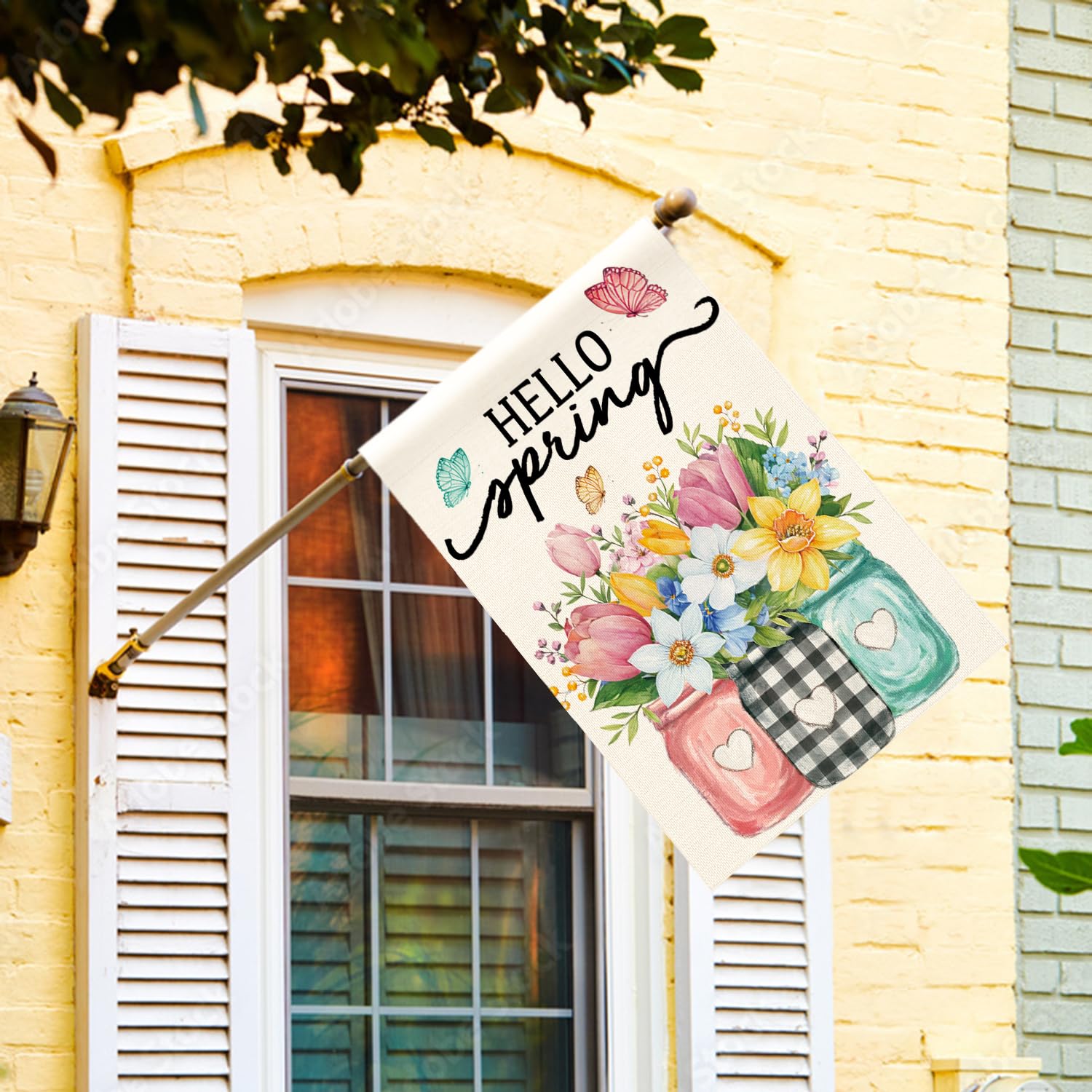 AVOIN colorlife Hello Spring flag shows colors from both sides for welcoming spaces.