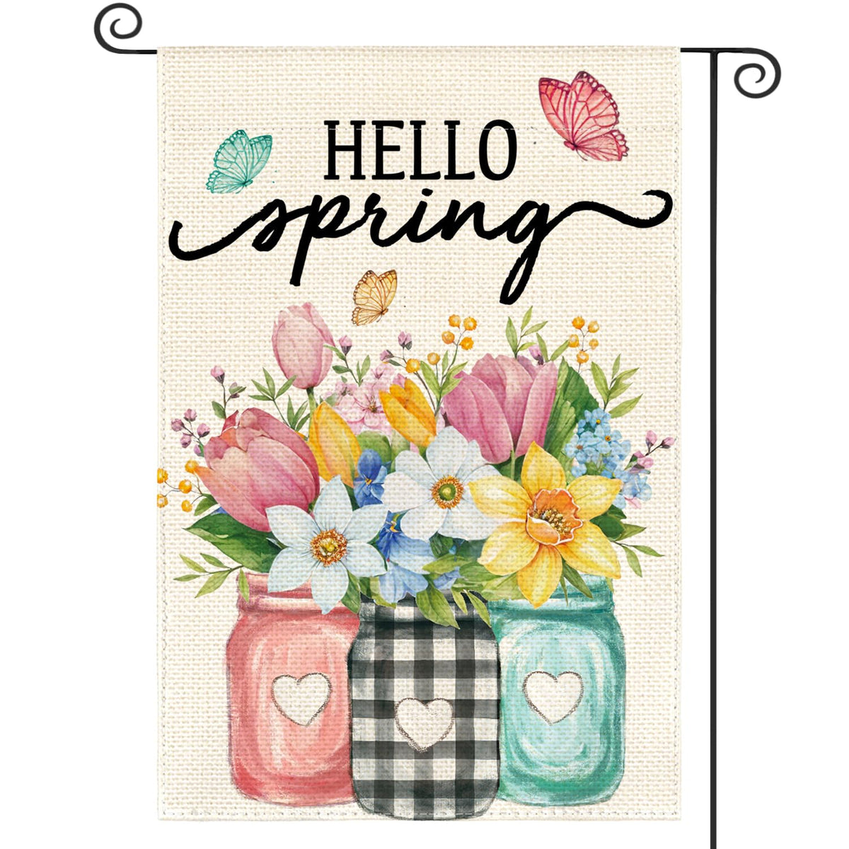 AVOIN colorlife Hello Spring flag front view shows floral mason jar design for welcoming guests.