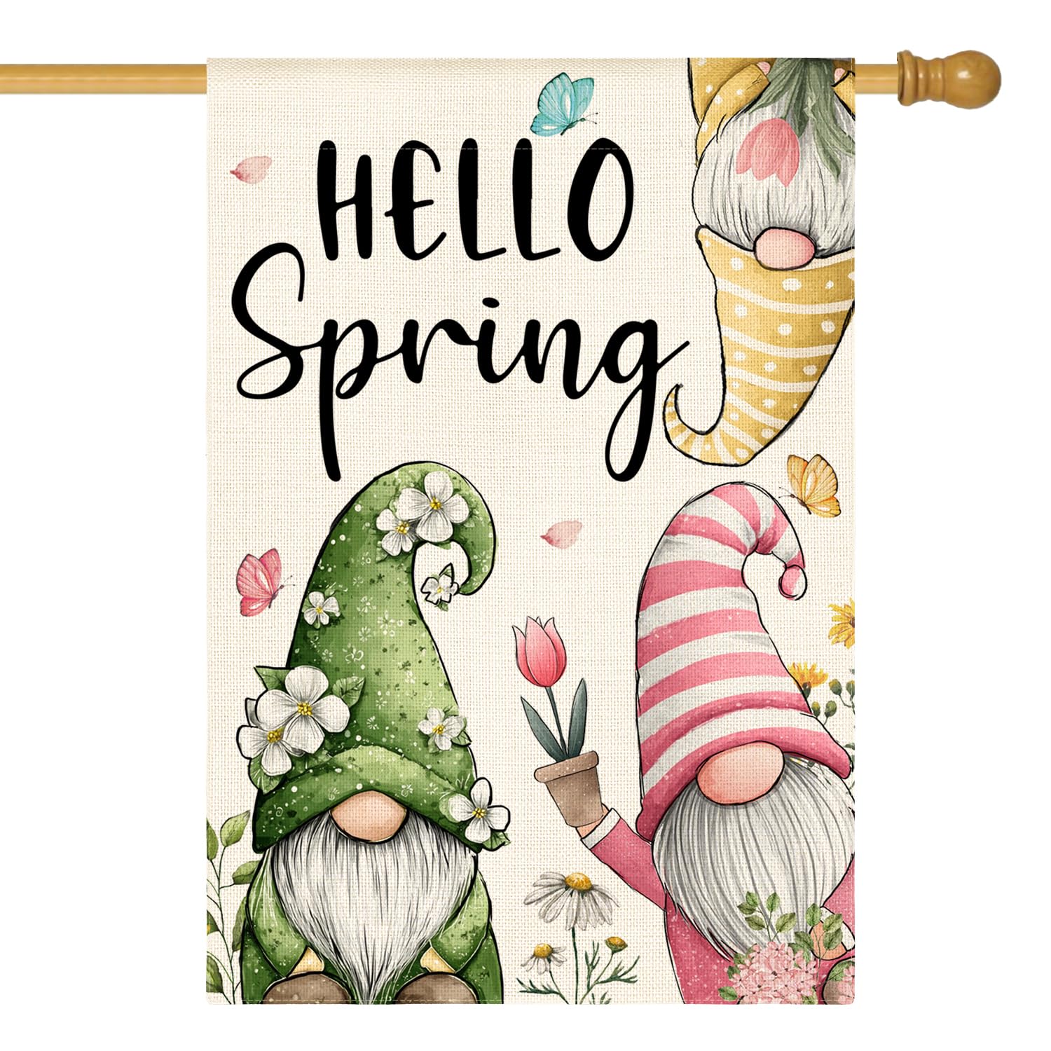 AVOIN colorlife Hello Spring flag front view with floral gnomes for welcoming outdoor spaces.