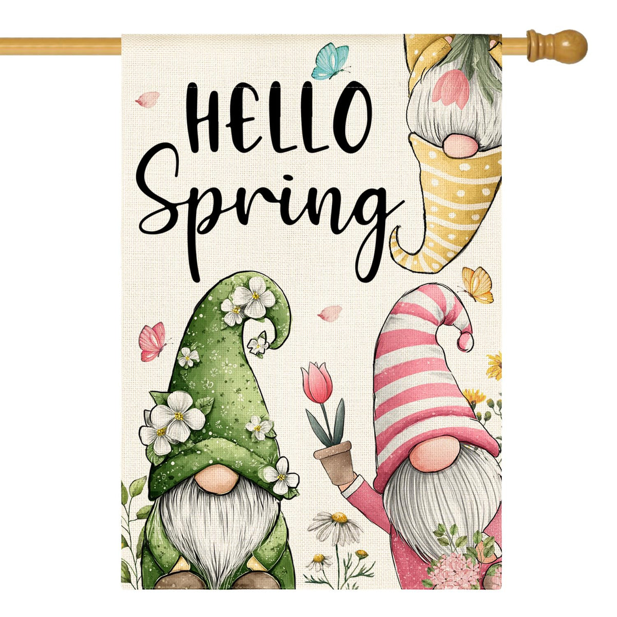 AVOIN colorlife Hello Spring flag front view with floral gnomes for welcoming outdoor spaces.