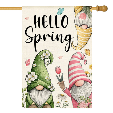 AVOIN colorlife Hello Spring flag front view with floral gnomes for welcoming outdoor spaces.