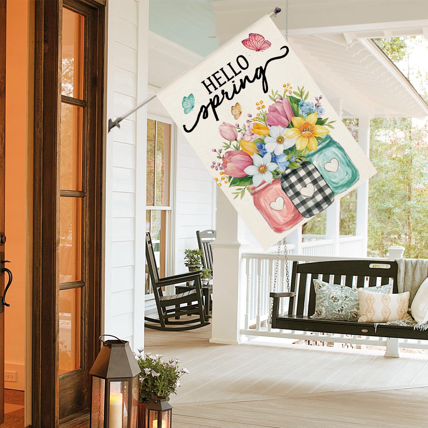 AVOIN colorlife Hello Spring flag uses durable spun polyester for outdoor durability.