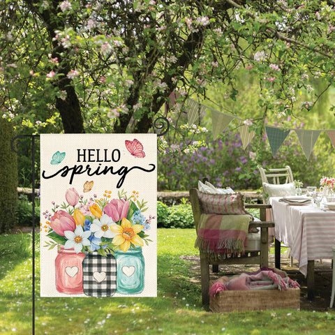 AVOIN colorlife Hello Spring flag sleeve hanger shows easy pole compatibility.