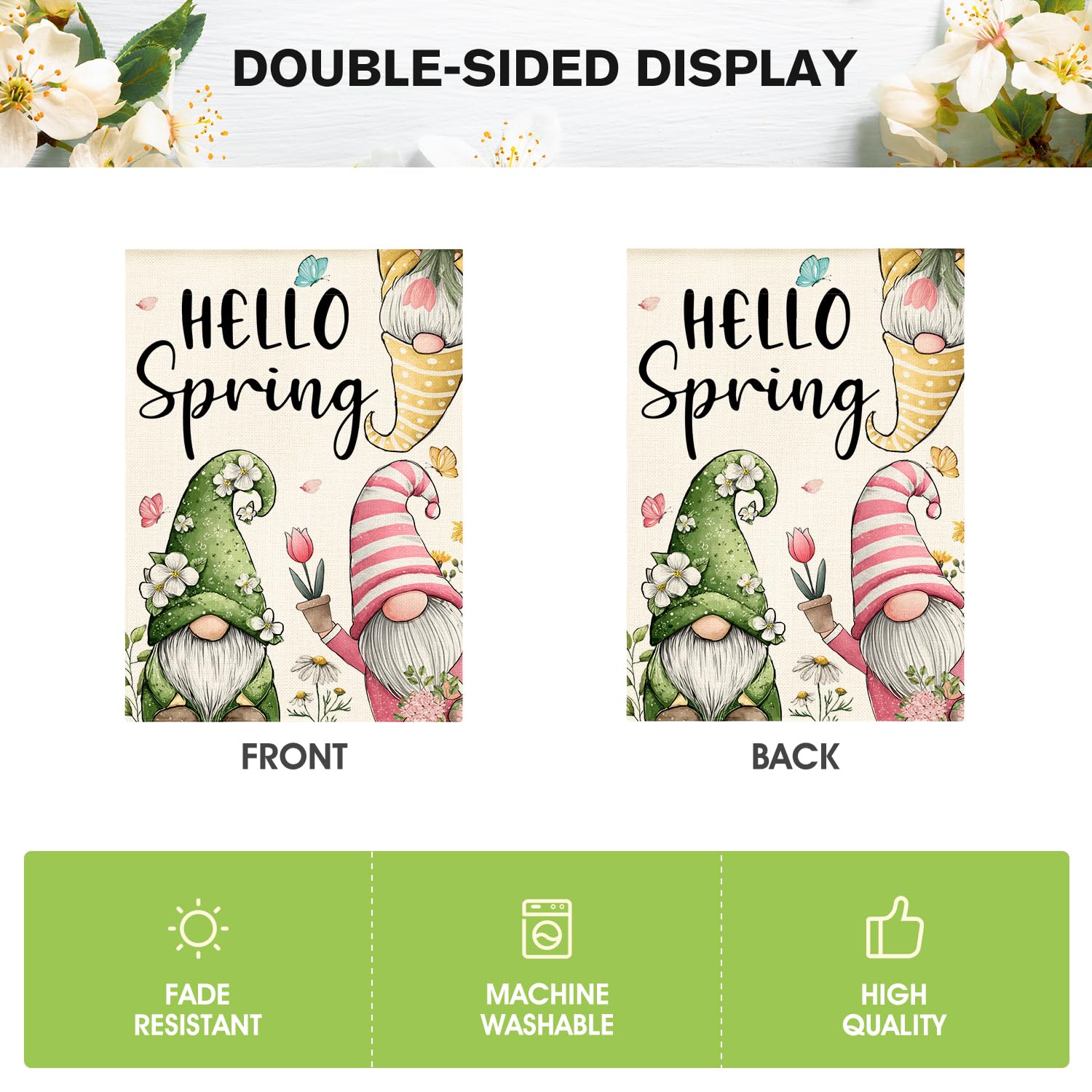 AVOIN colorlife Hello Spring flag weather-resistant polyester withstands outdoor use.