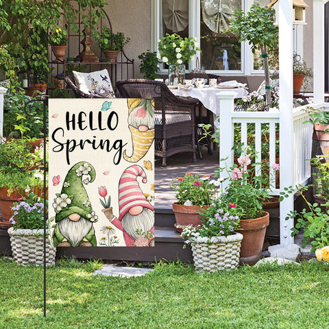 AVOIN colorlife Hello Spring Garden Flag features floral gnomes for seasonal whimsy on porch.
