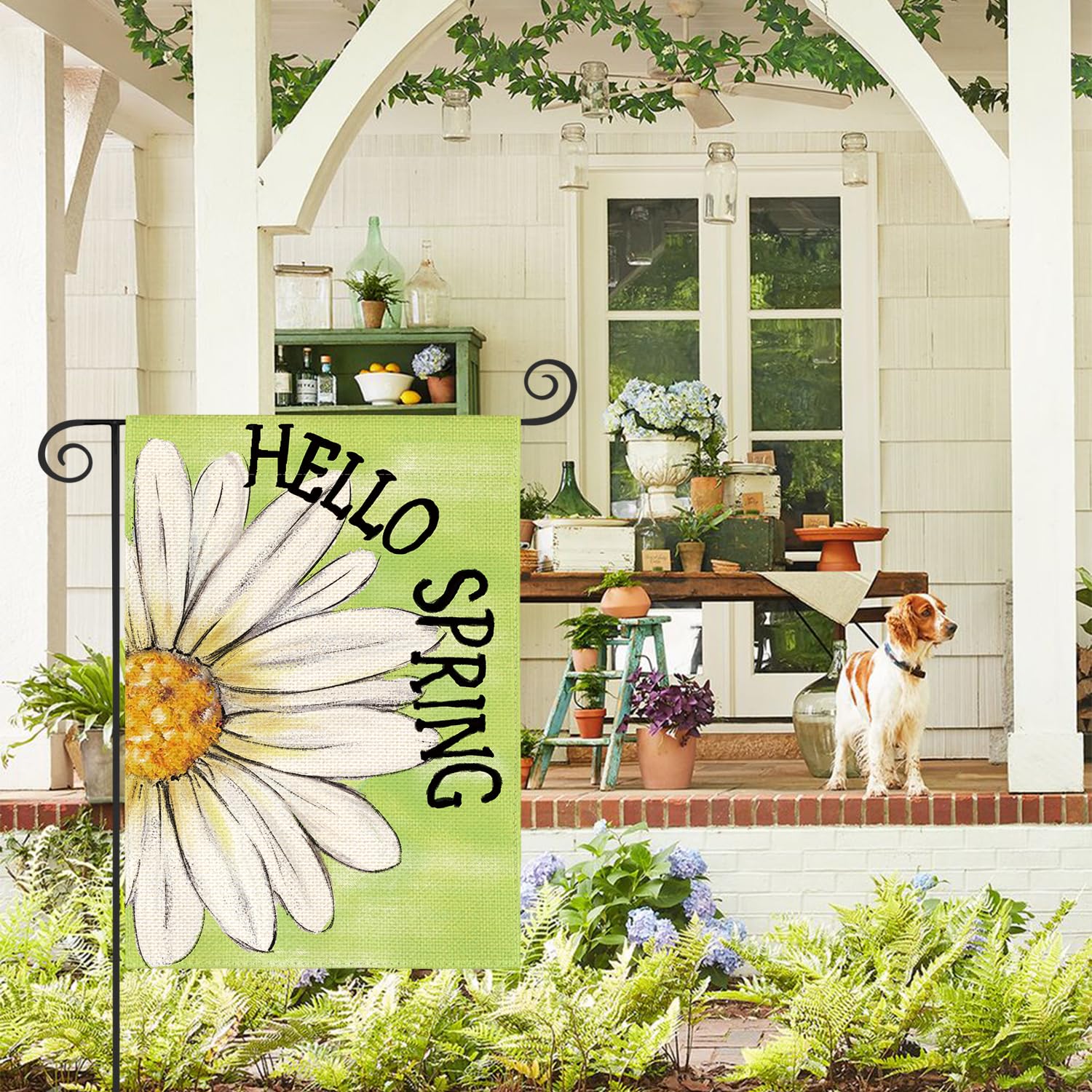AVOIN colorlife Hello Spring Garden Flag back view highlights double-sided artwork for versatile outdoor display.