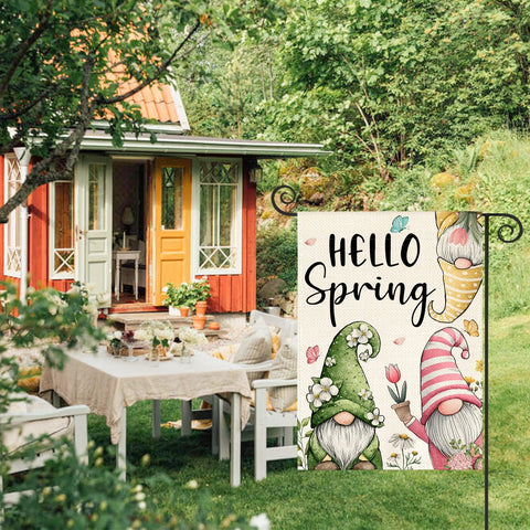 AVOIN colorlife Hello Spring Garden Flag back mirrors the cheerful design from behind.