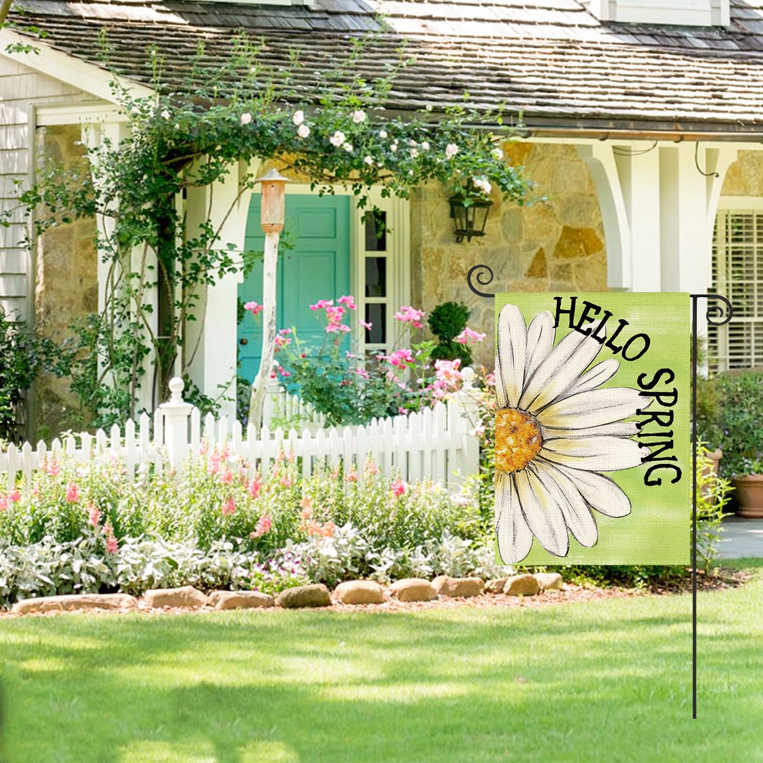 AVOIN colorlife Hello Spring Garden Flag detail showcases colorful daisy pattern for garden decor.