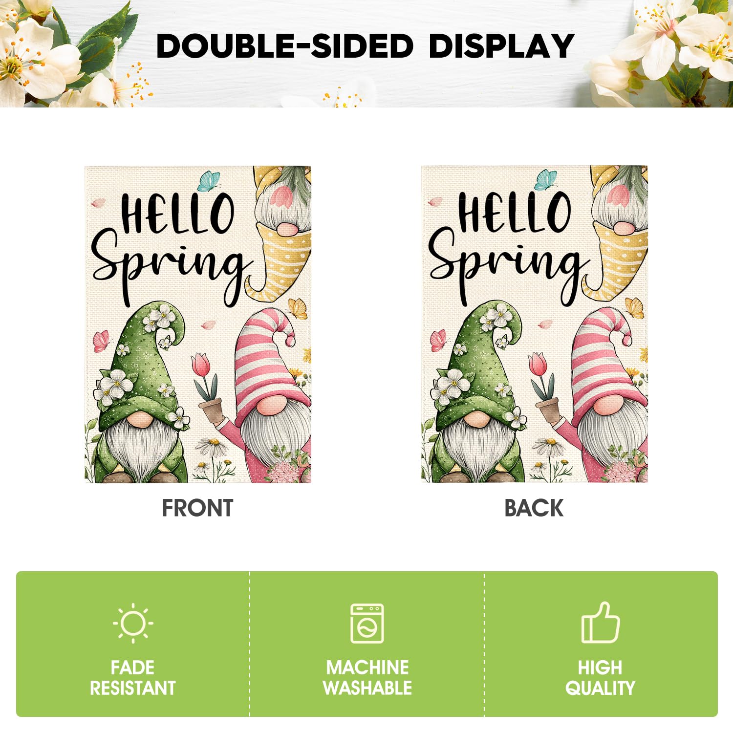 AVOIN colorlife Hello Spring Garden Flag sleeve hanger fits standard flagpoles for easy setup.
