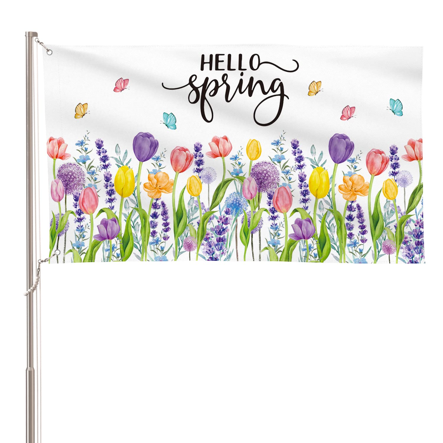 AVOIN colorlife Hello Spring flag displayed on a porch for seasonal curb appeal.