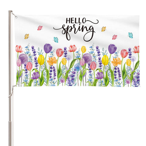 AVOIN colorlife Hello Spring flag displayed on a porch for seasonal curb appeal.