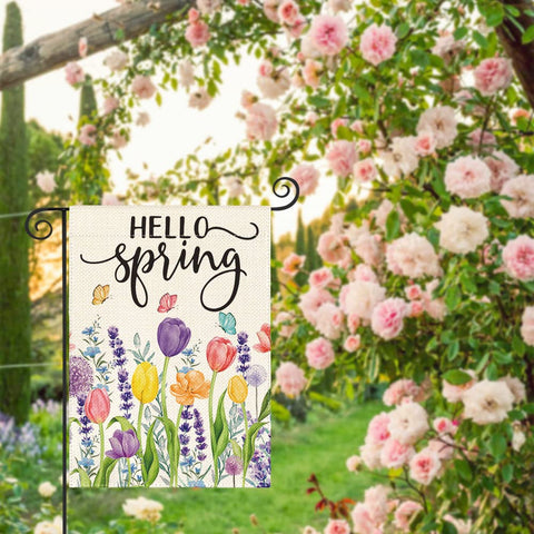 AVOIN colorlife Hello Spring flag shows tulips and lavender from both sides for welcoming curb appeal.