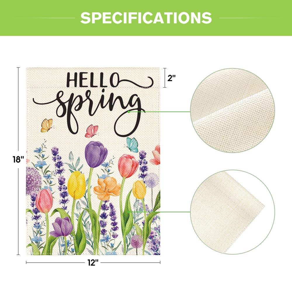 AVOIN colorlife Hello Spring flag texture, spun polyester fabric designed for outdoor use.