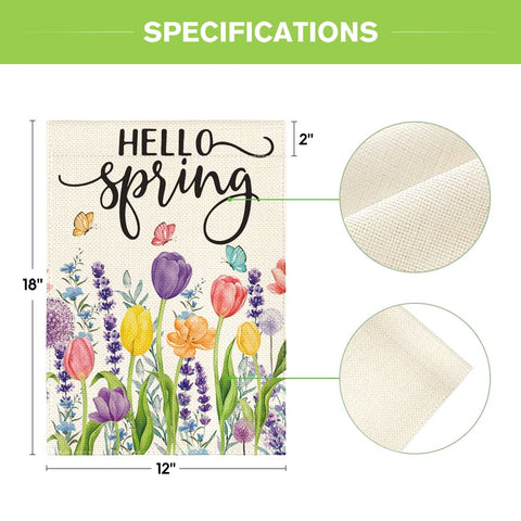 AVOIN colorlife Hello Spring flag texture, spun polyester fabric designed for outdoor use.