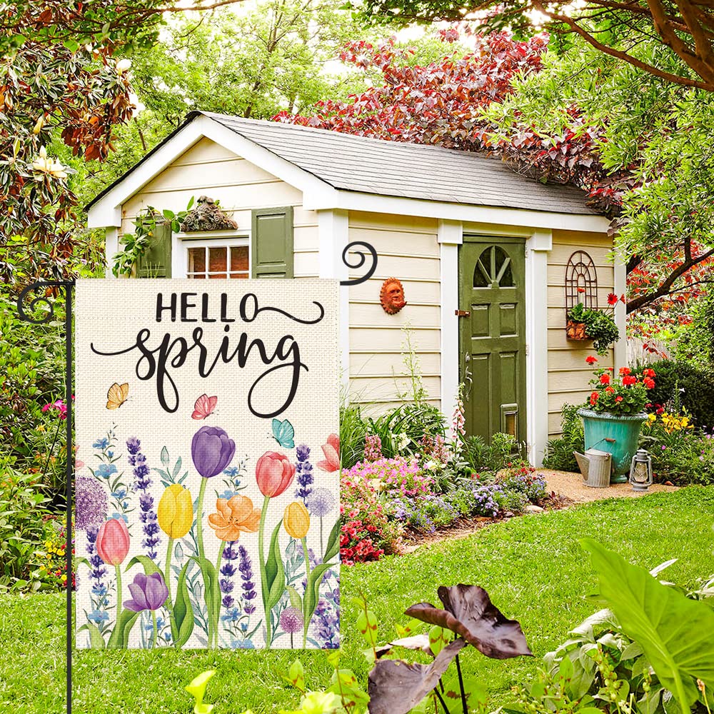 AVOIN colorlife Hello Spring flag close-up highlighting floral border detail and color clarity.