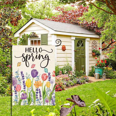AVOIN colorlife Hello Spring flag close-up highlighting floral border detail and color clarity.