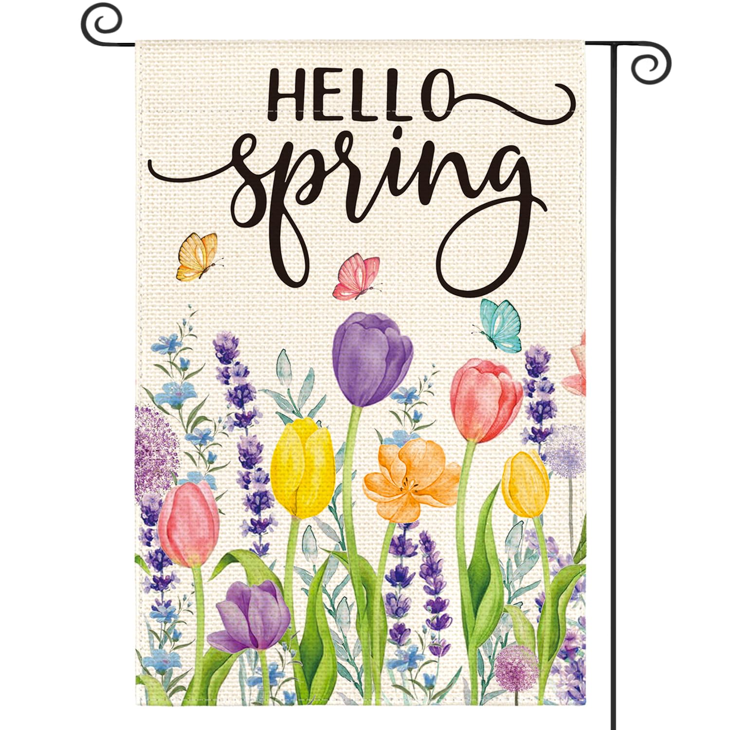 AVOIN colorlife Hello Spring tulip and lavender garden flag, double-sided for vibrant outdoor display.