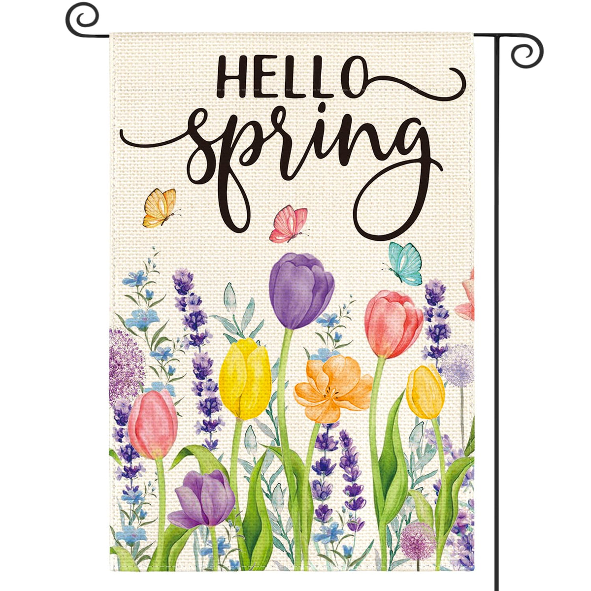 AVOIN colorlife Hello Spring tulip and lavender garden flag, double-sided for vibrant outdoor display.