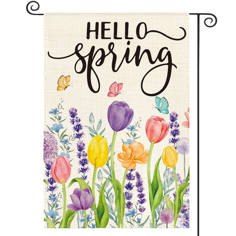 AVOIN colorlife Hello Spring tulip and lavender garden flag, double-sided for vibrant outdoor display.